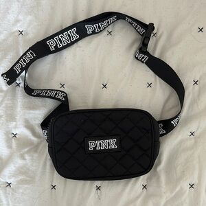 Black Quilted Belt Bag with Pink Logo